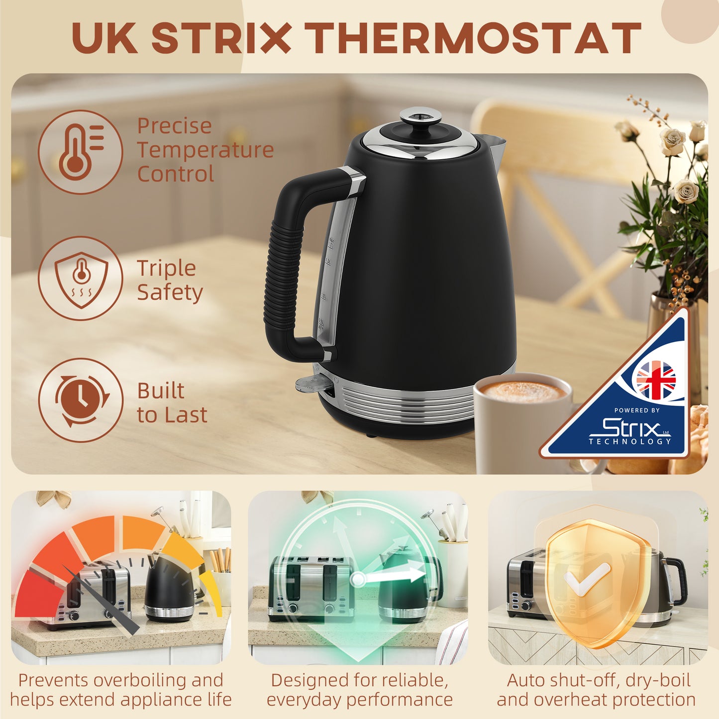 1.7L 3000W Quick Boil Kettle and 4 Slice Toaster Set Crumb Tray Black