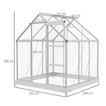 6 x 6ft Walk-In Greenhouse, Polycarbonate Greenhouse with Sliding Door, Window, Aluminium Frame, Foundation, Silver