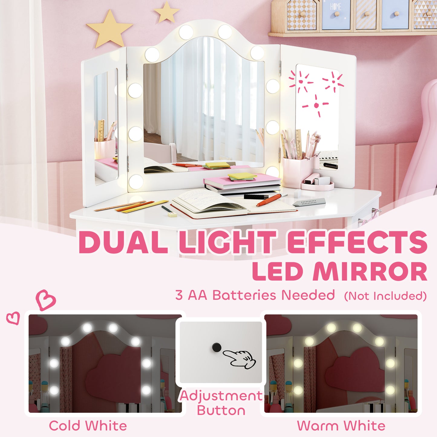 Kids Vanity Table and Stool with Lights, Tri-Folding Mirror, White