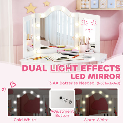 Kids Vanity Table and Stool with Lights, Tri-Folding Mirror, White