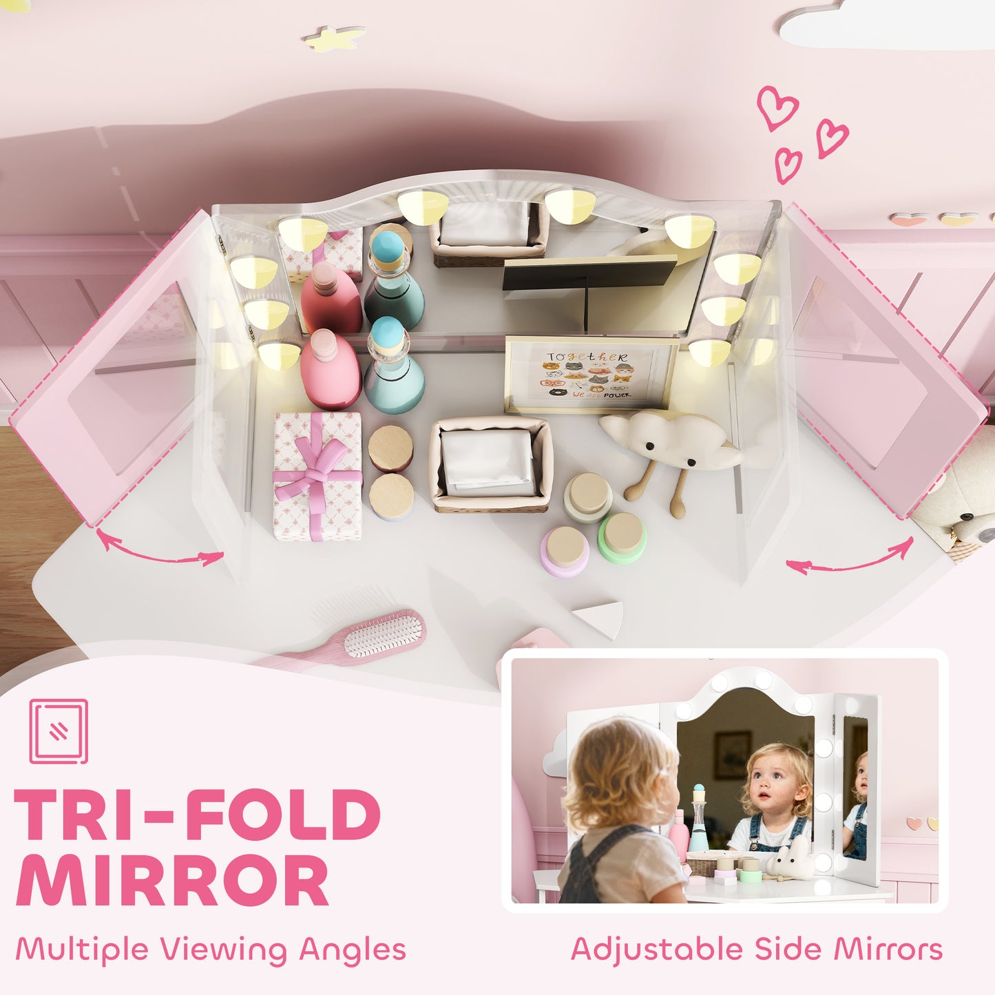 Kids Vanity Table and Stool with Lights, Tri-Folding Mirror, White