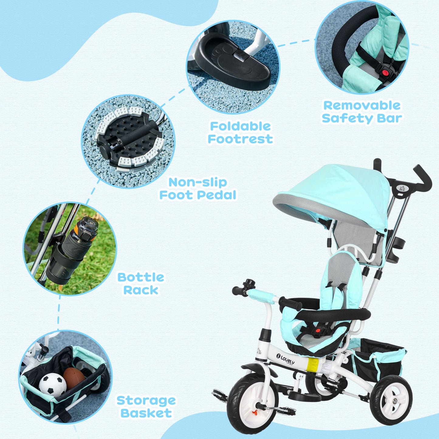 6 in 1 Kids Trike, Stroller with Parent Handle, Green