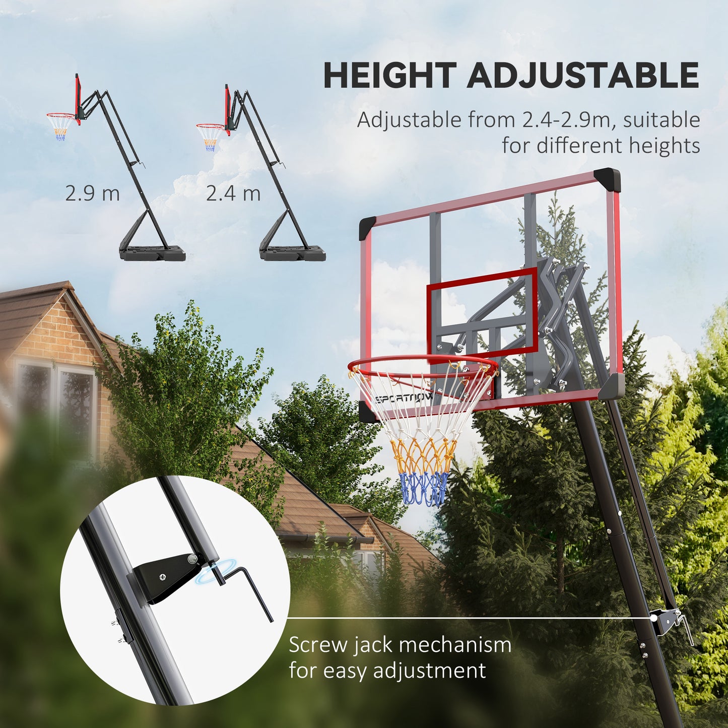 Adjustable Basketball Hoop and Stand with Weighted Base, Portable on Wheels, 2.4-2.9m, Red