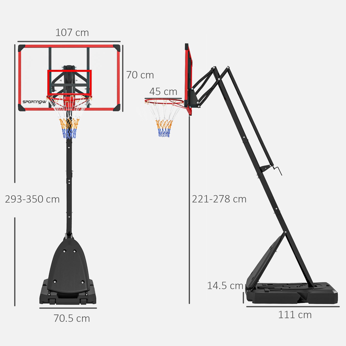 Adjustable Basketball Hoop and Stand with Weighted Base, Portable on Wheels, 2.4-2.9m, Red