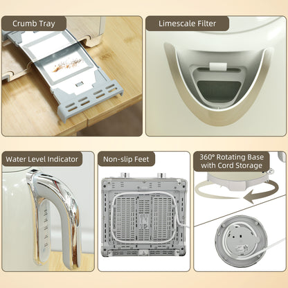 3000W 1.7L Kettle with Retro Thermometer, 4 Slice Toaster Set, Grey