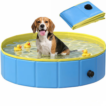 Foldable Dog Pool for Puppies and Ducks, Thickened PVC Dog Paddling Pool Bath Tub Hard Board, Anti-Slip Bottom and Hose Adapter for Easy Drainage, 100 x 30cm, Blue and Yellow