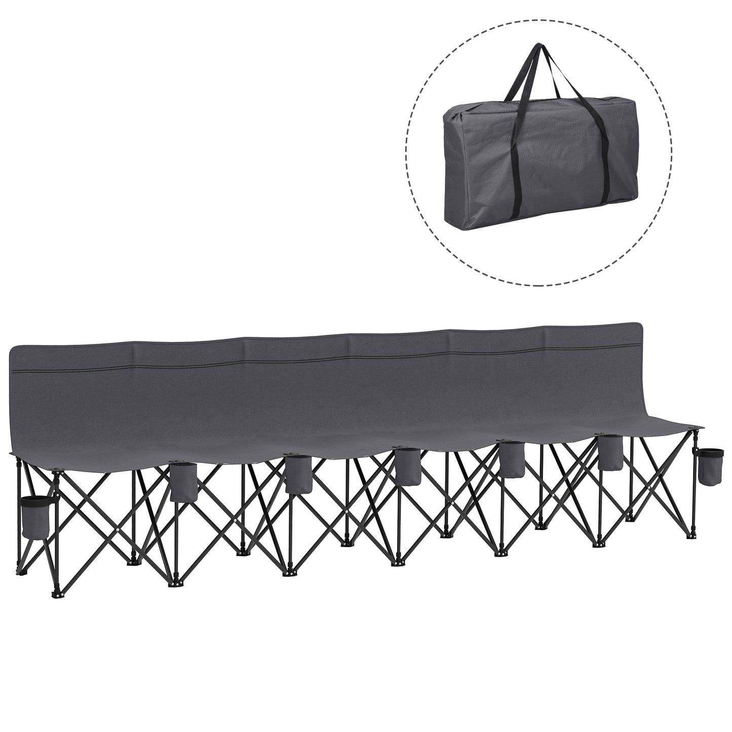 6 Seater Folding Bench Camping Chair with Cup Holder, Charcoal Grey