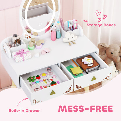 Kids Vanity Table and Chair Set with 3-Colour LED Lights Mirror