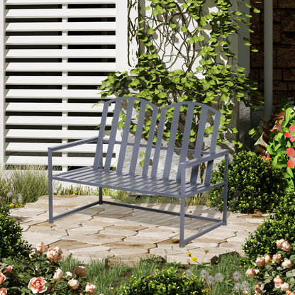 2 Seat Steel Patio Garden Bench Chair Slat Design Backyard Porch, Grey