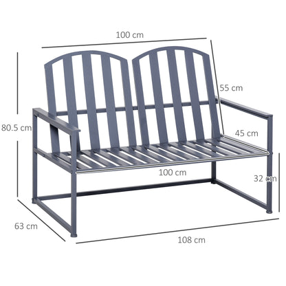2 Seat Steel Patio Garden Bench Chair Slat Design Backyard Porch, Grey