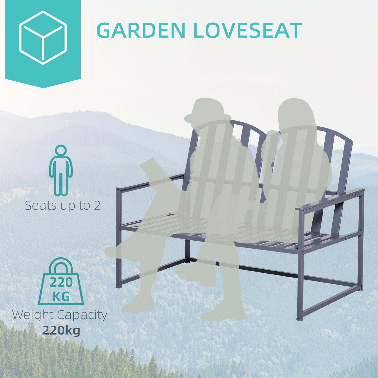 2 Seat Steel Patio Garden Bench Chair Slat Design Backyard Porch, Grey