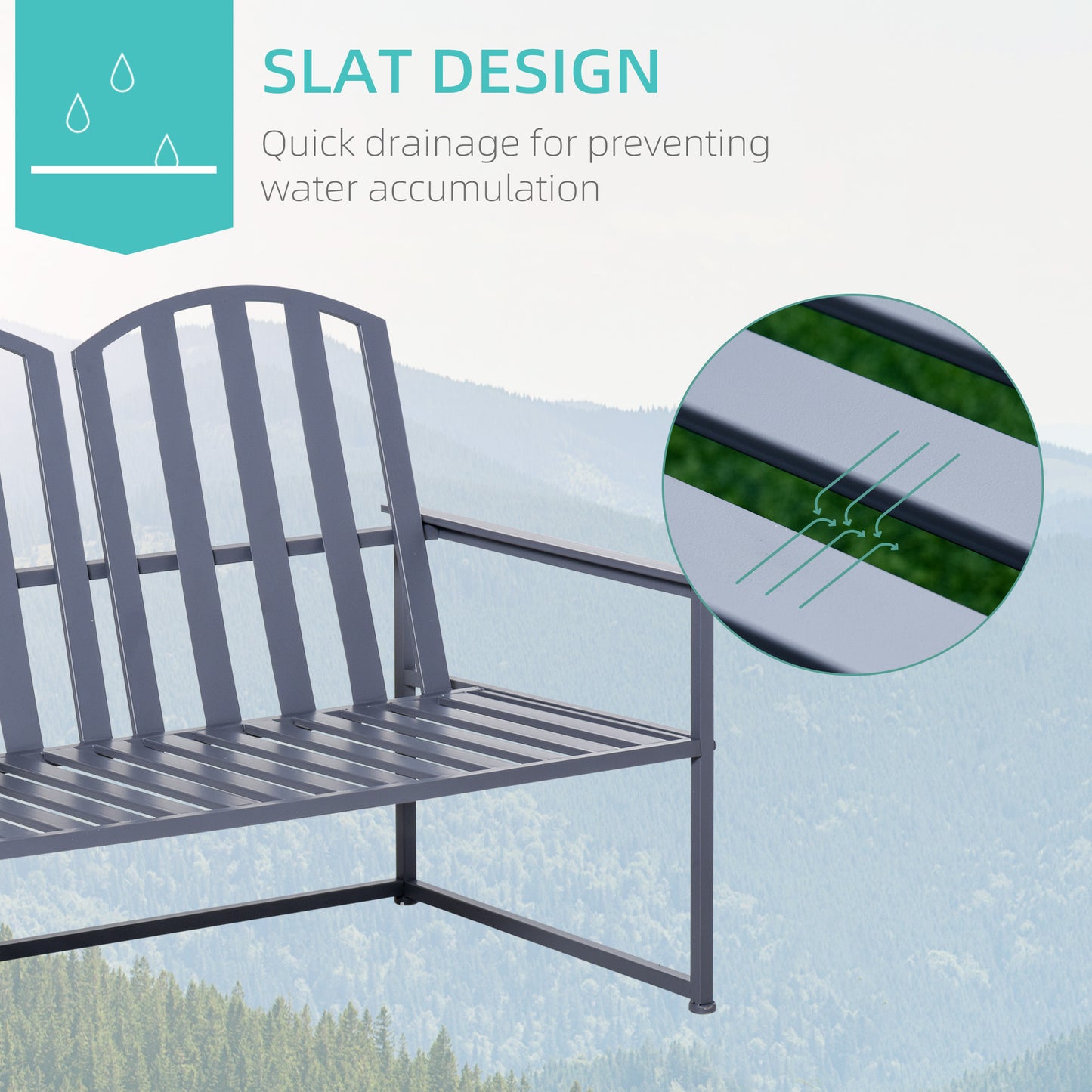 2 Seat Steel Patio Garden Bench Chair Slat Design Backyard Porch, Grey