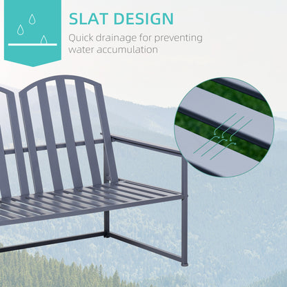 2 Seat Steel Patio Garden Bench Chair Slat Design Backyard Porch, Grey