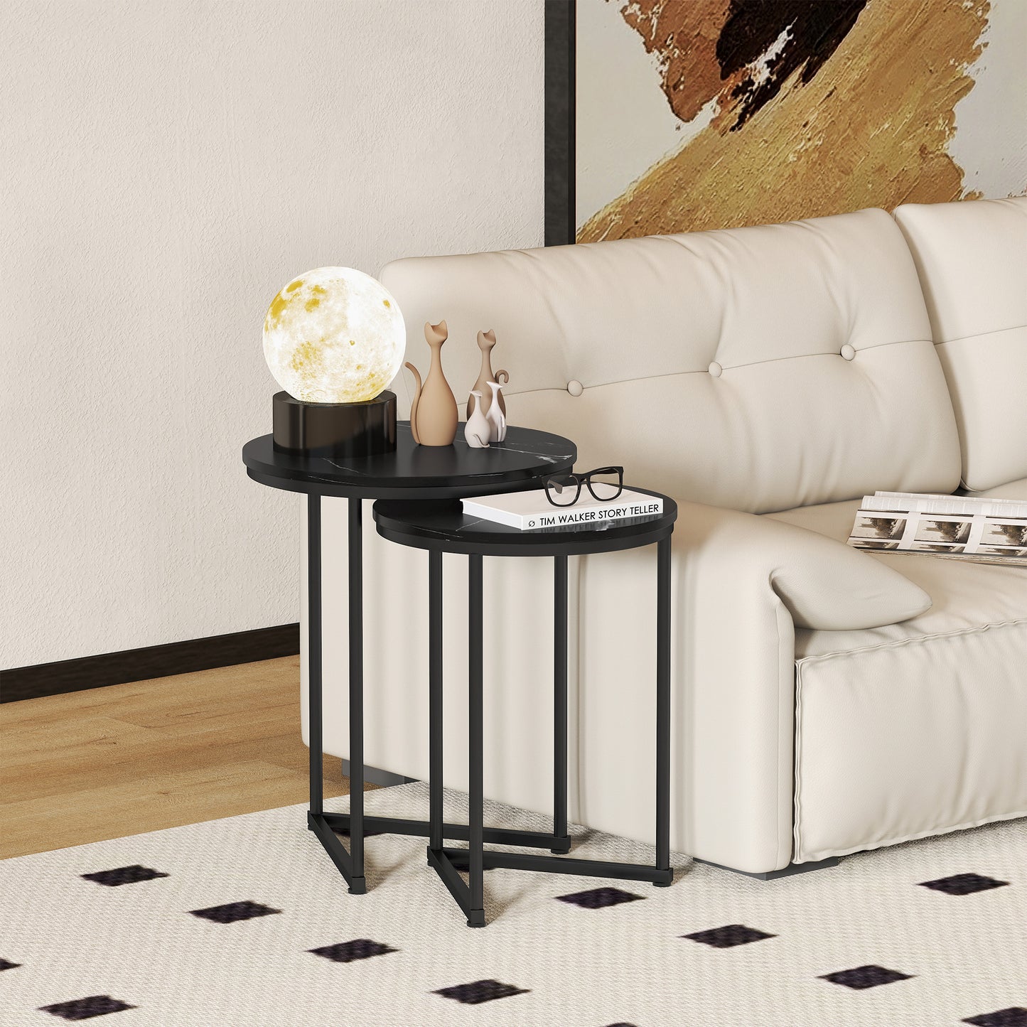 Nesting Coffee Table Set of 2 with Metal Frame, Black Marble Effect