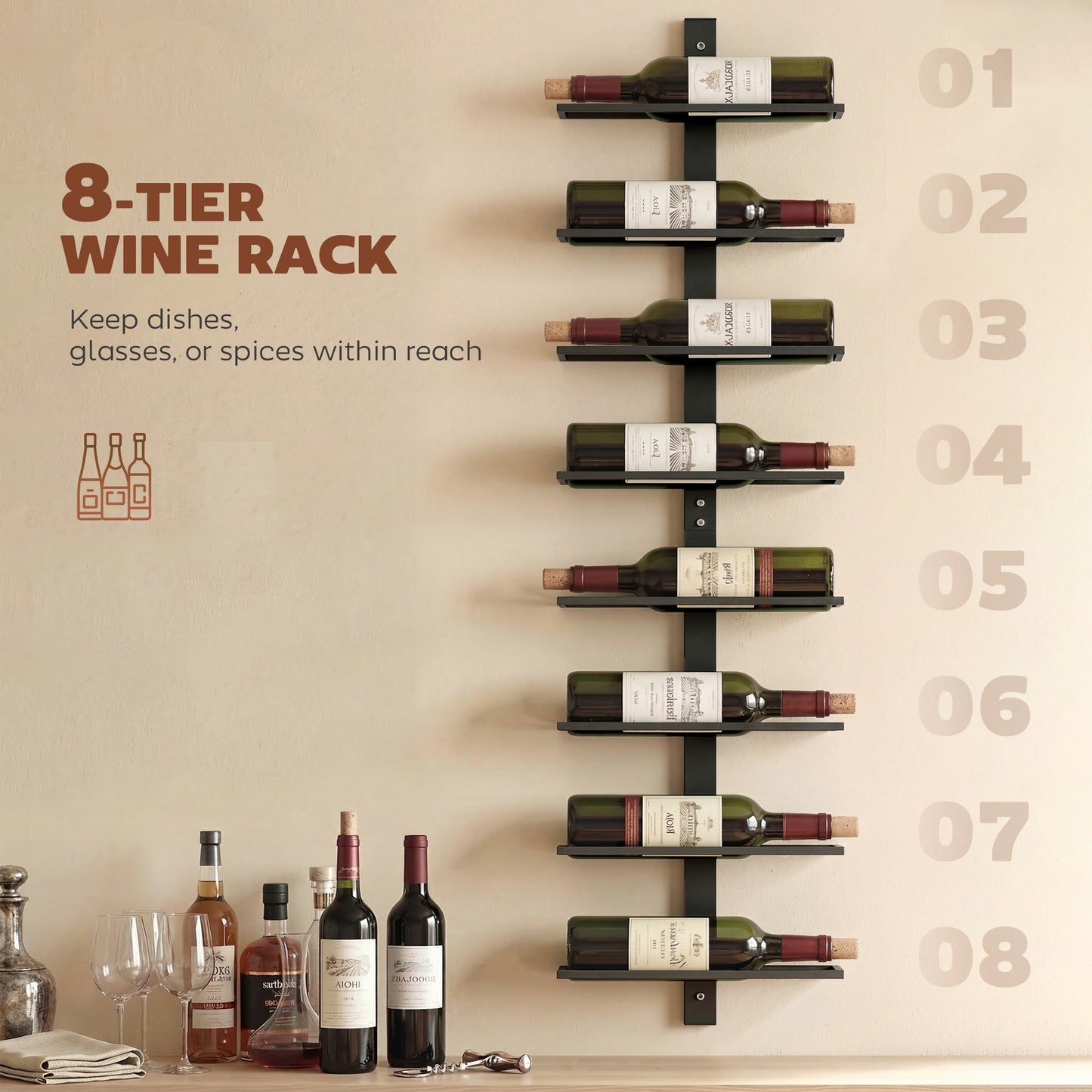 Wall Mount Wine Rack for 8 Wine Bottles, Black