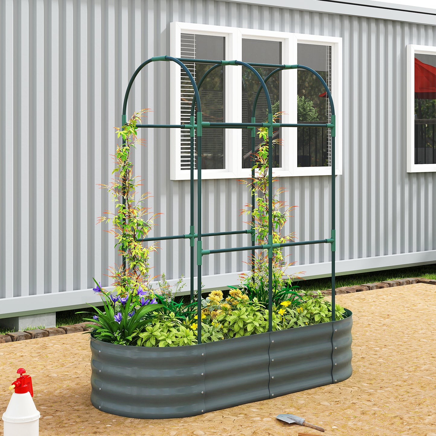 4 x 2 x 4.6ft Galvanised Raised Garden Bed with Trellis, Dark Grey
