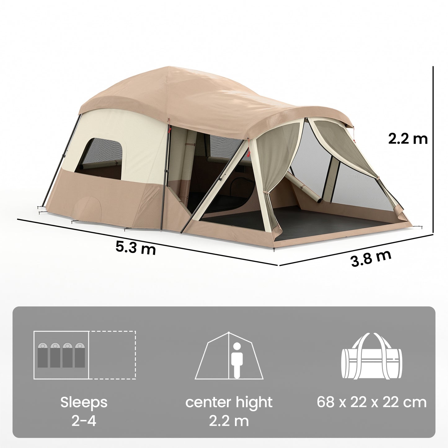 4 Person Easy Setup Family Camping Tent with 2 Rooms, Waterproof Tunnel Tent w/ Sewn In Groundsheet, Doors, Windows, Skylights and Carrying Bag, Brown & Khaki