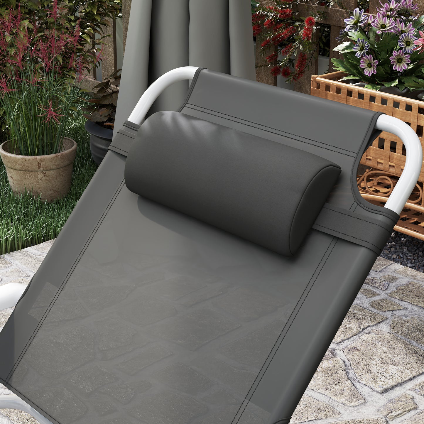 Folding Sun Lounger with 4-Level Backrest & Headrest, Charcoal Grey