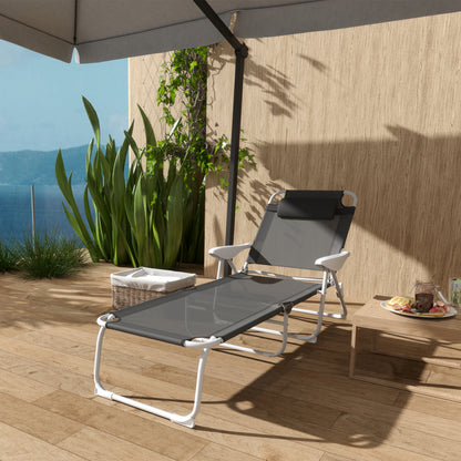 Folding Sun Lounger with 4-Level Backrest & Headrest, Charcoal Grey