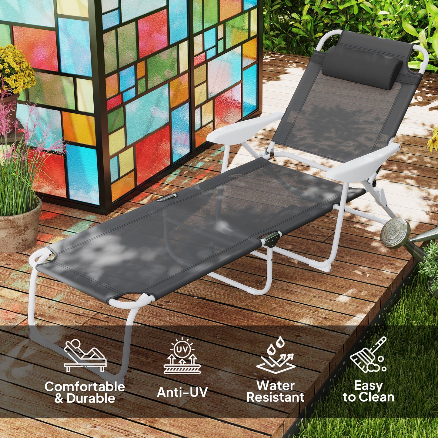 Folding Sun Lounger with 4-Level Backrest & Headrest, Charcoal Grey
