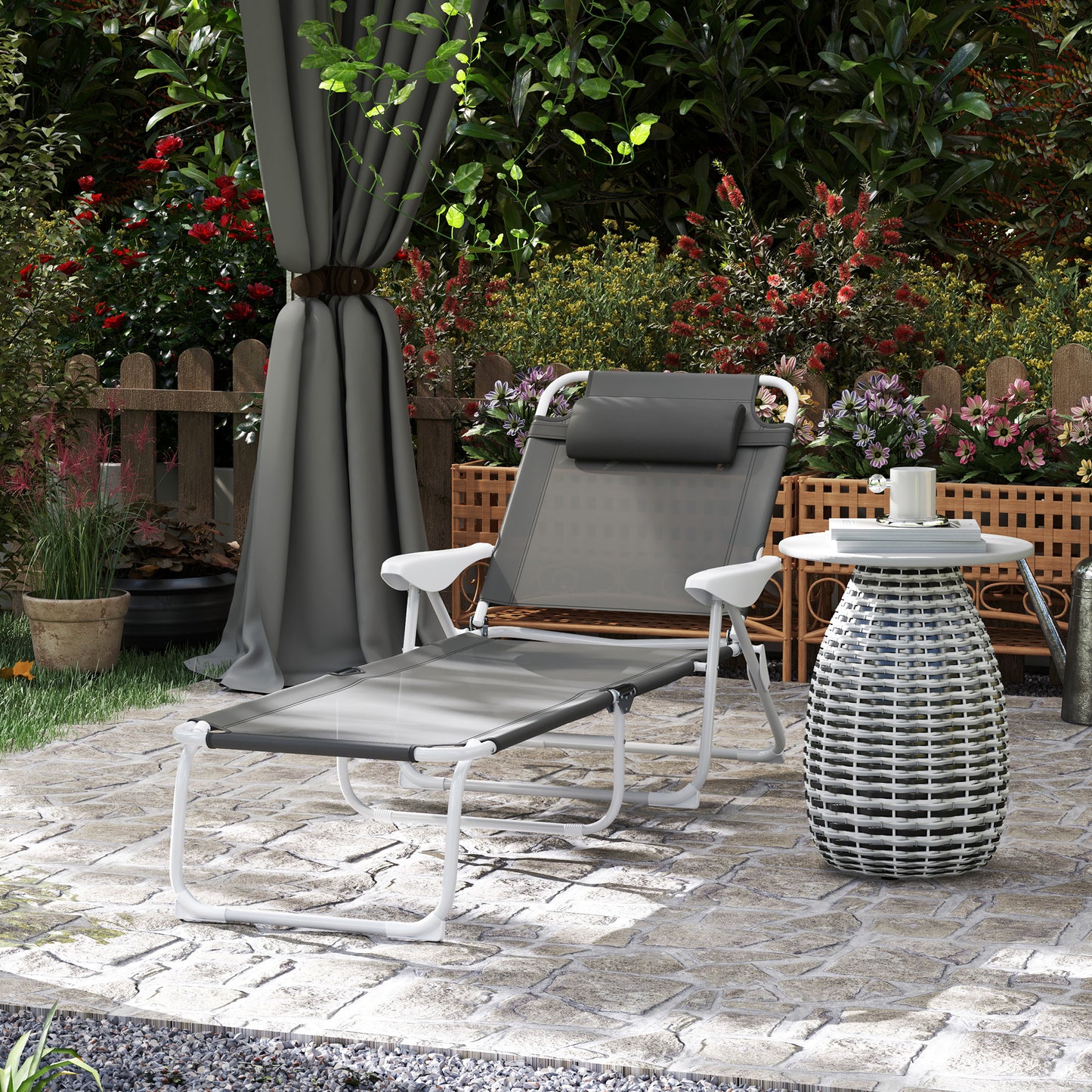 Folding Sun Lounger with 4-Level Backrest & Headrest, Charcoal Grey