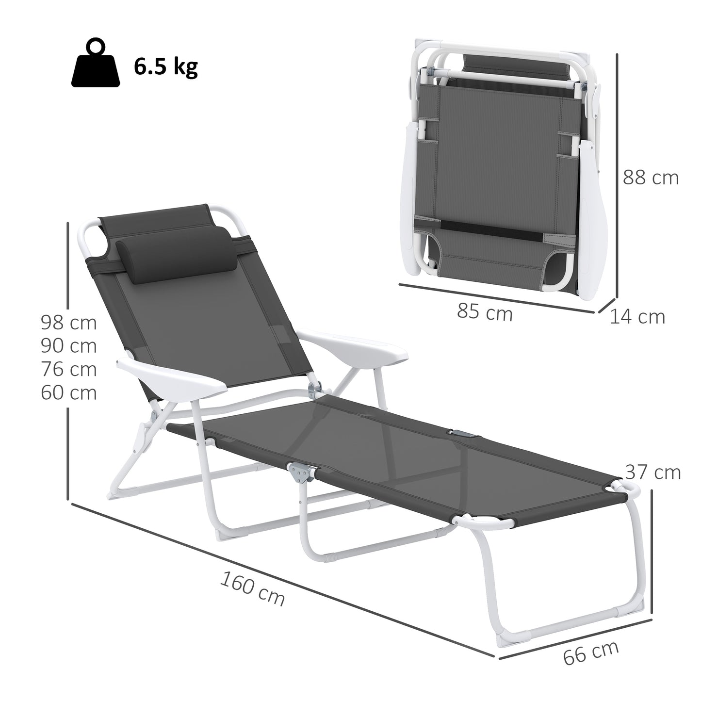 Folding Sun Lounger with 4-Level Backrest & Headrest, Charcoal Grey