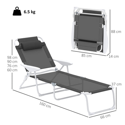 Folding Sun Lounger with 4-Level Backrest & Headrest, Charcoal Grey