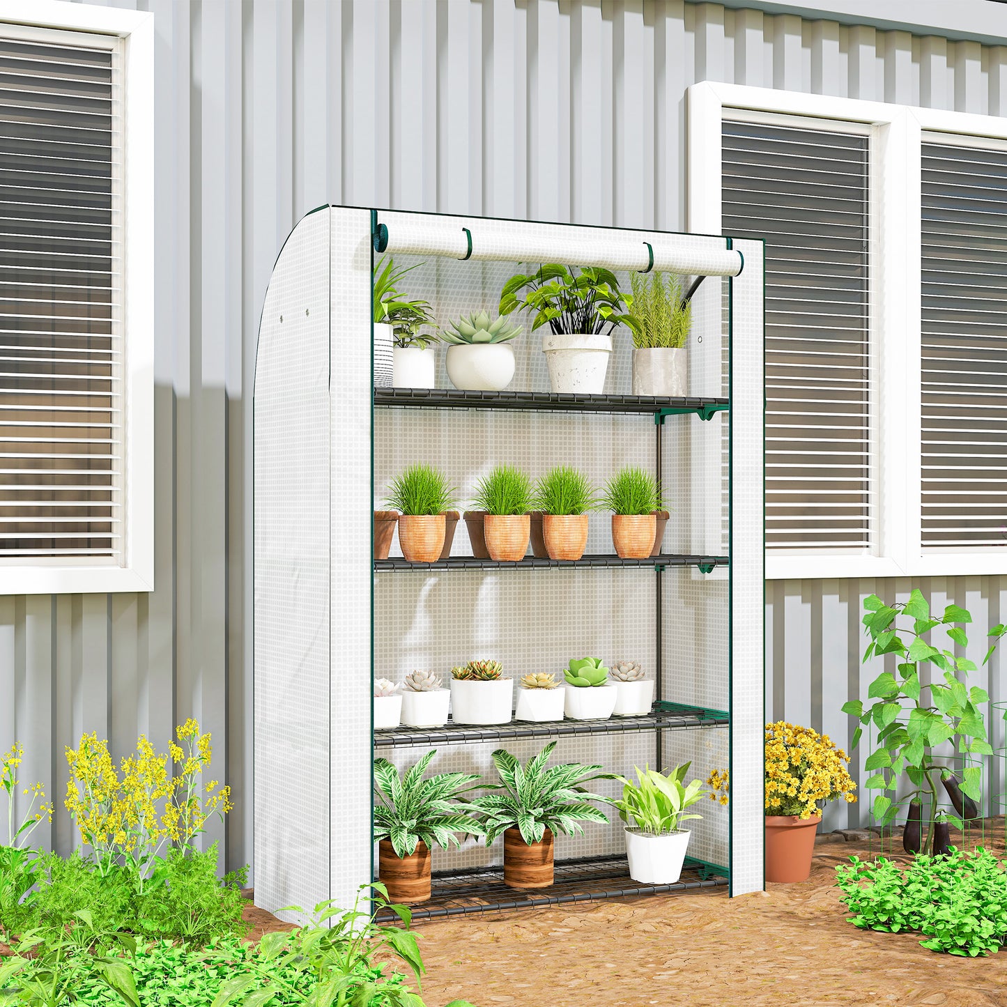 Mini Greenhouse Indoor Outdoor Green House with PE Cover, White