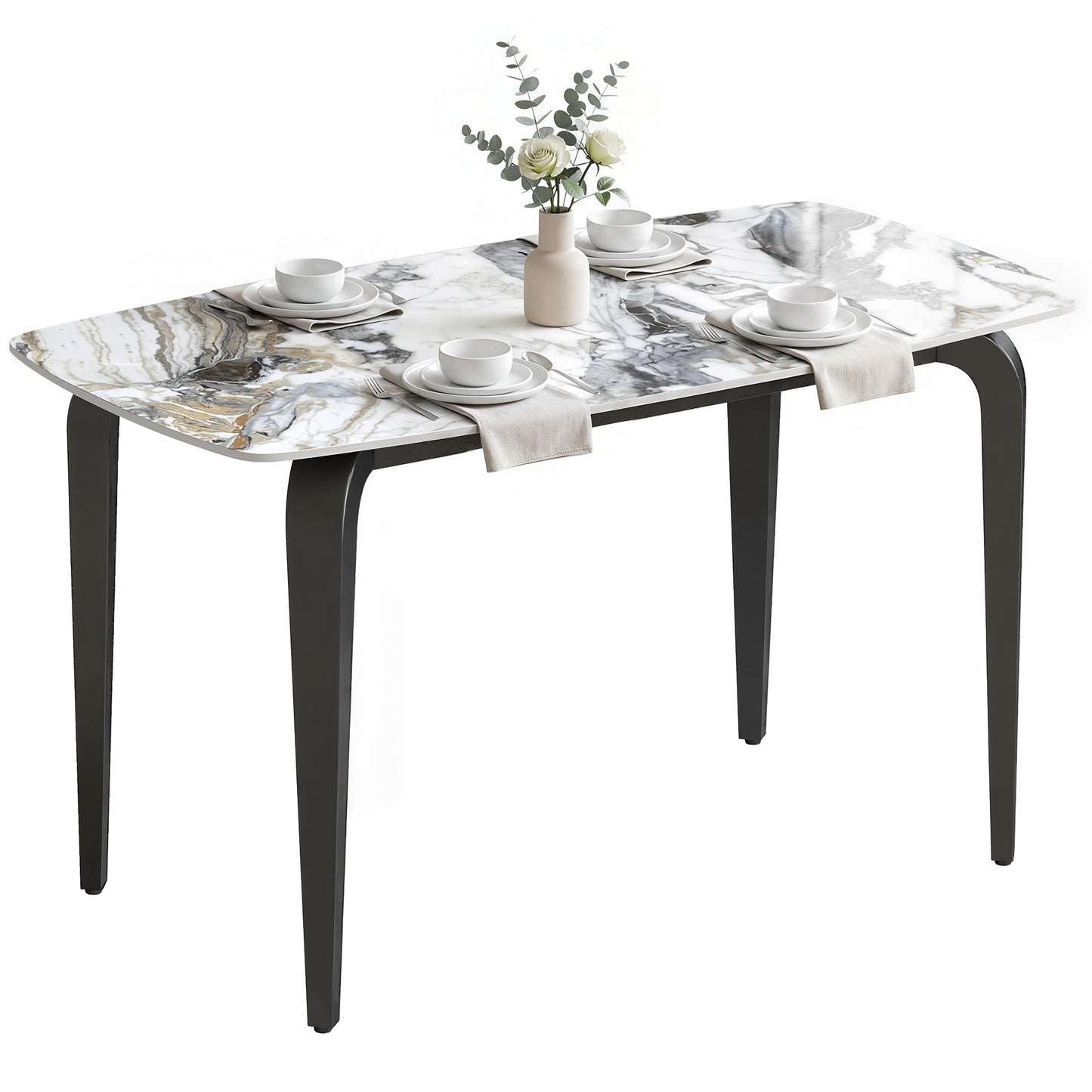 Dining Table for 4, Kitchen Table with Sintered Stone Tabletop, White