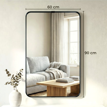 Wall Mirror with Elevated Aluminium Alloy Frame, 60 x 90 cm Bathroom Mirror with Tempered Glass for Living Room, Bedroom, Hallway, Black