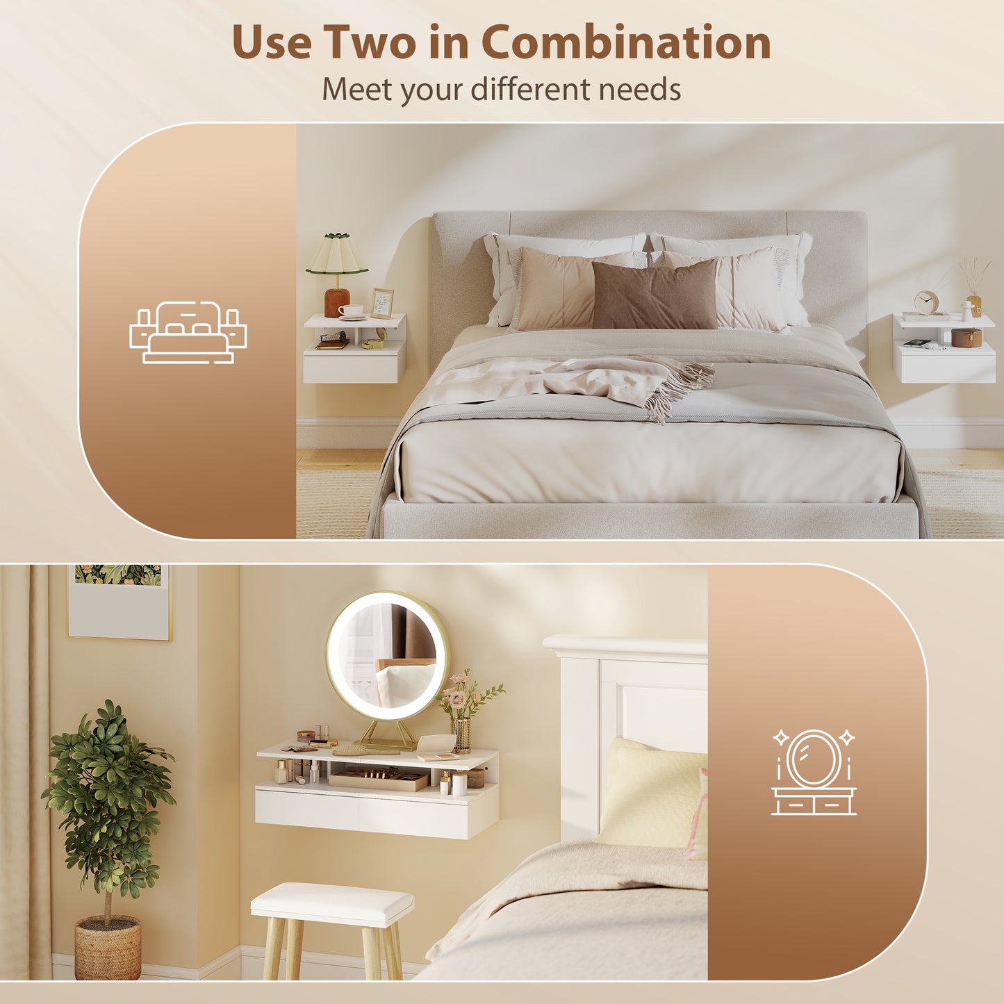 Modern Nightstand Set of 2, Wall Mounted Bedside Cabinet, White