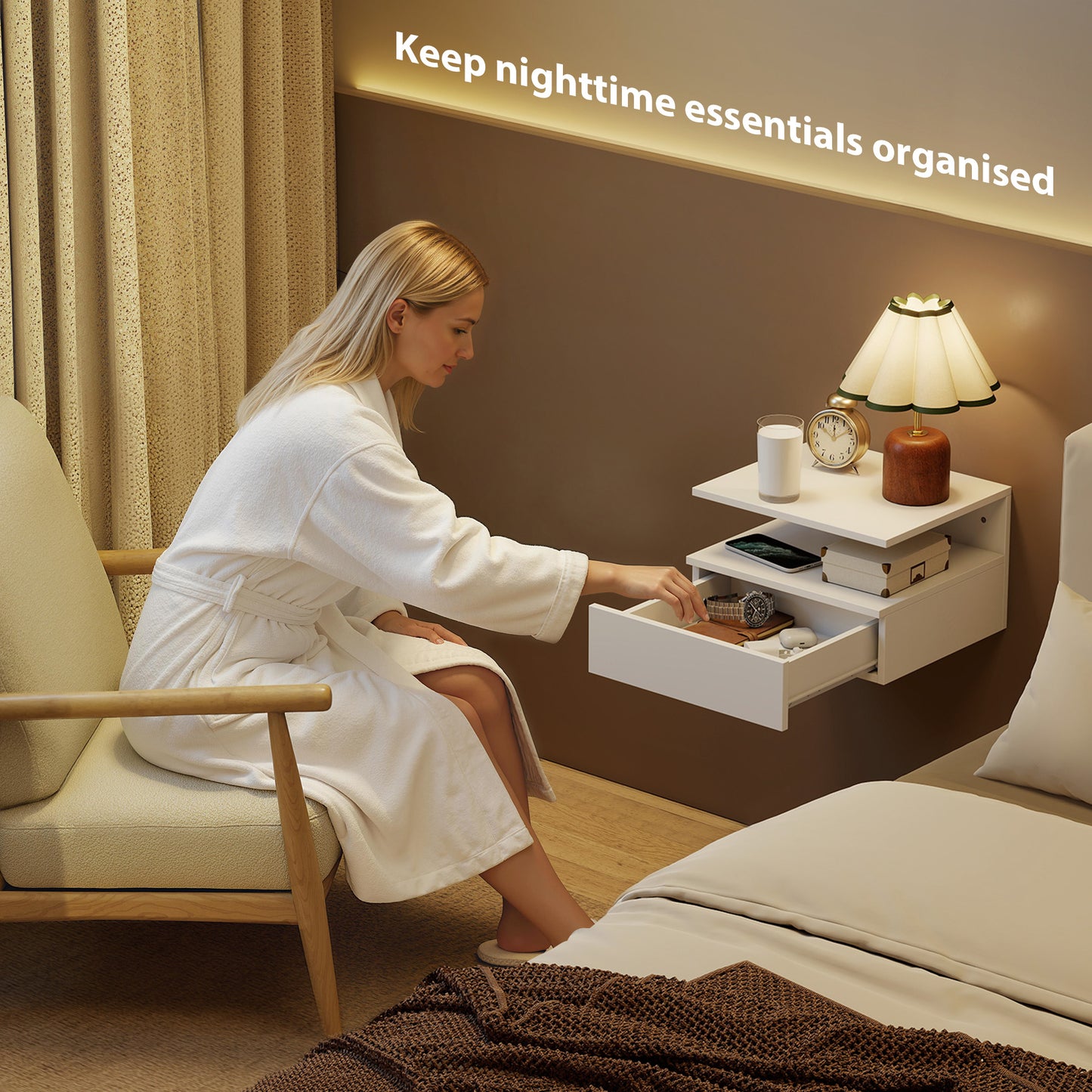 Modern Nightstand Set of 2, Wall Mounted Bedside Cabinet, White
