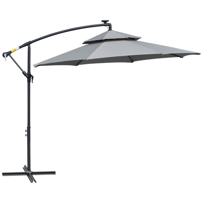 3(m) Cantilever Parasol Hanging Banana Umbrella w/ lights, Light Grey