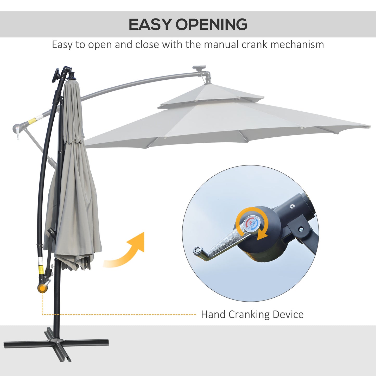 3(m) Cantilever Parasol Hanging Banana Umbrella w/ lights, Light Grey