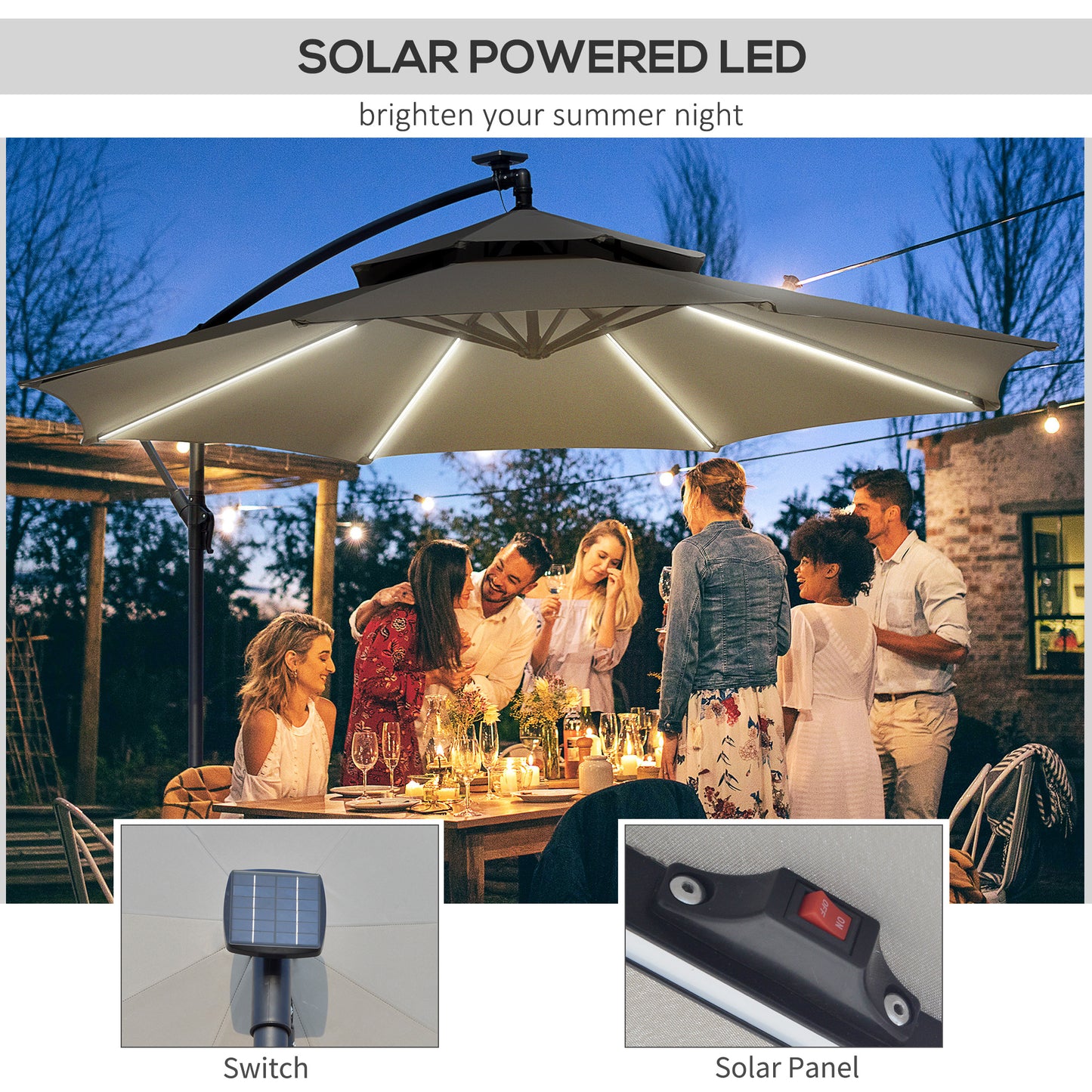 3(m) Cantilever Parasol Hanging Banana Umbrella w/ lights, Light Grey