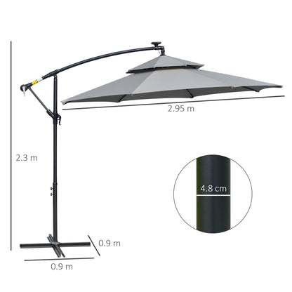3(m) Cantilever Parasol Hanging Banana Umbrella w/ lights, Light Grey