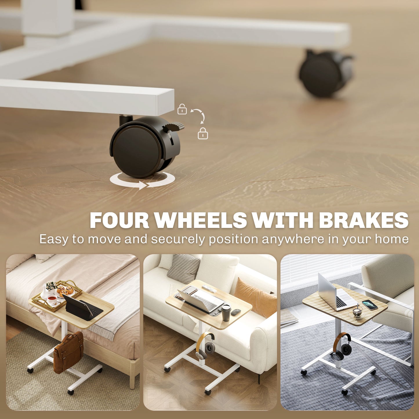 Standing Desk Mobile Overbed Table w/ Wheels for Home Office Natural