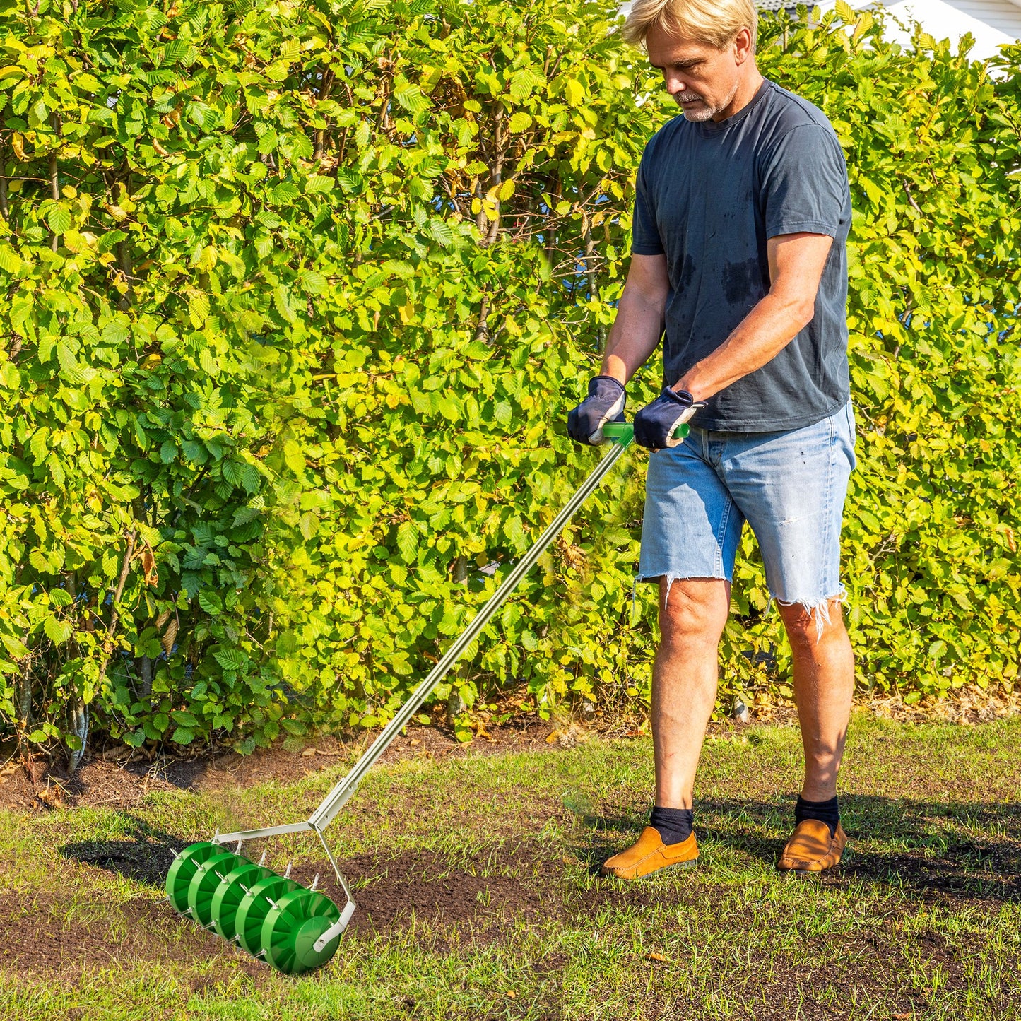 Grass Spike Roller, Soil Aerator w/ 3 Piece Handle and T-bar Grip