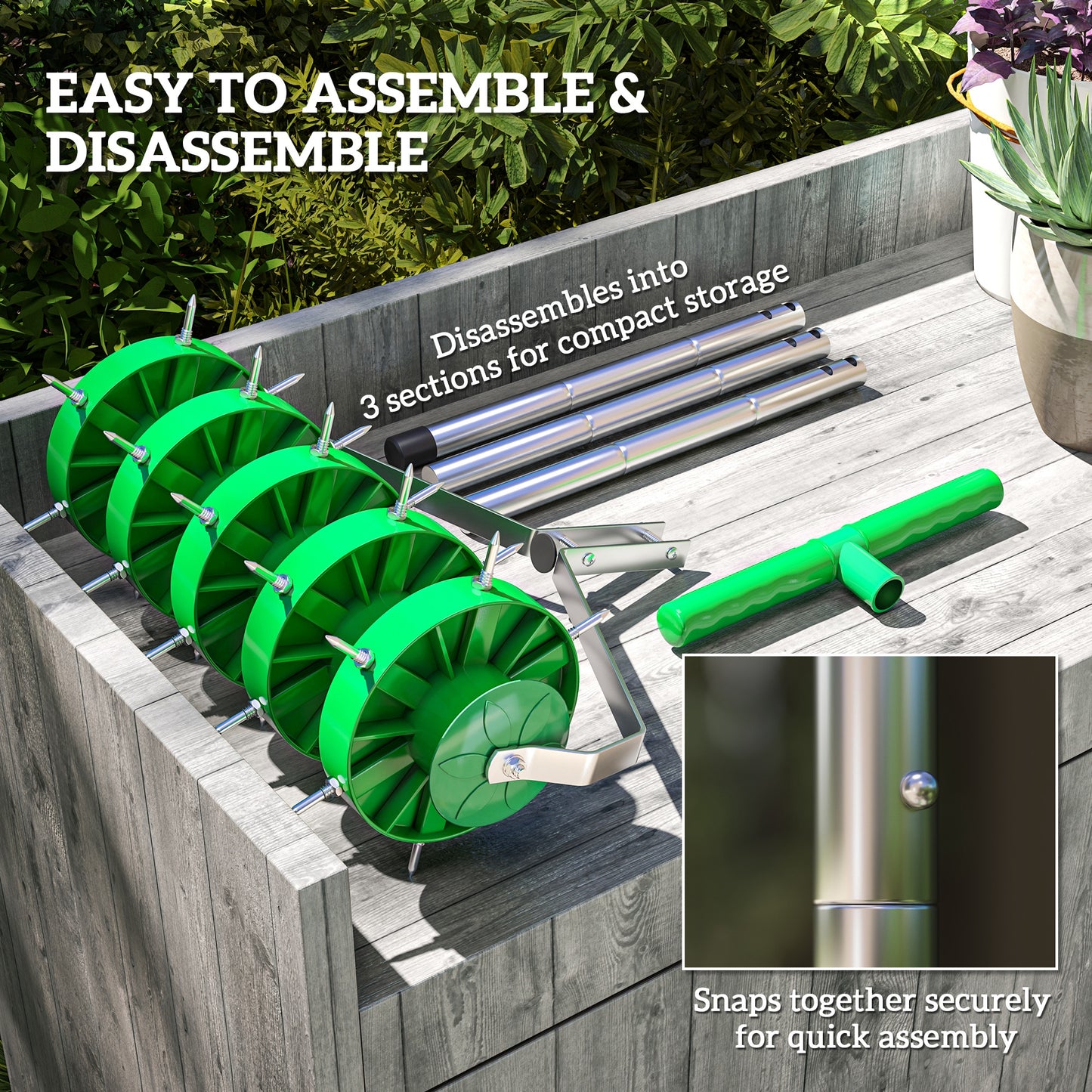 Grass Spike Roller, Soil Aerator w/ 3 Piece Handle and T-bar Grip