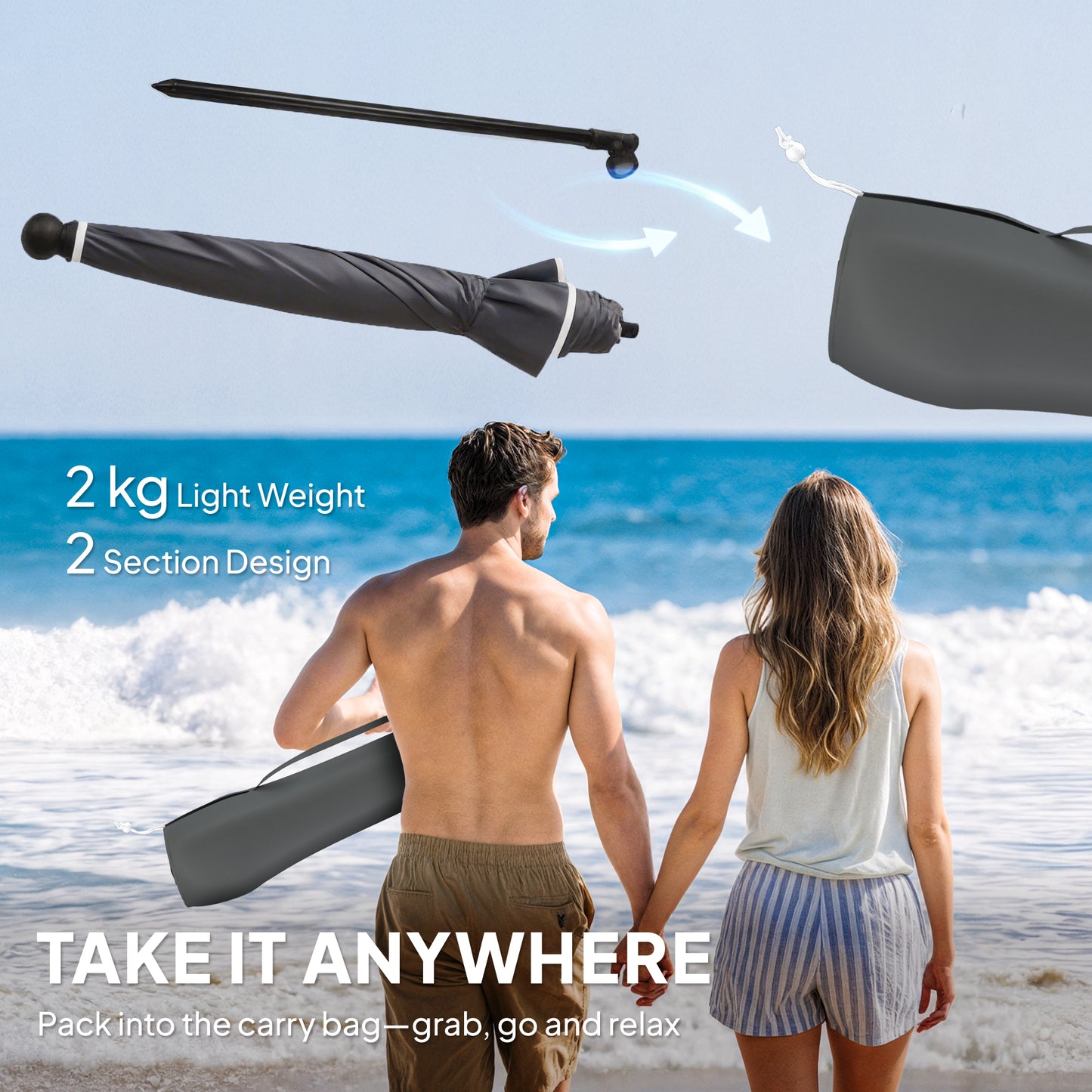 1.8 m Beach Umbrella Parasol with Sand Anchor, Tilt, Dark Grey