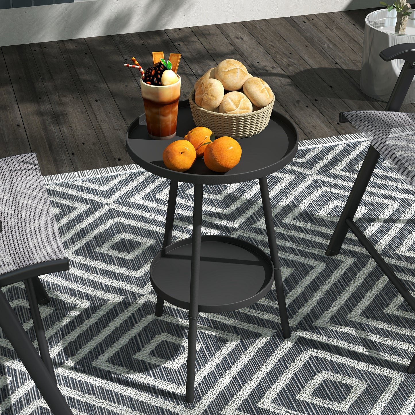 Round Garden Table, 2-Tier Metal Patio Table Coffee Table, Black