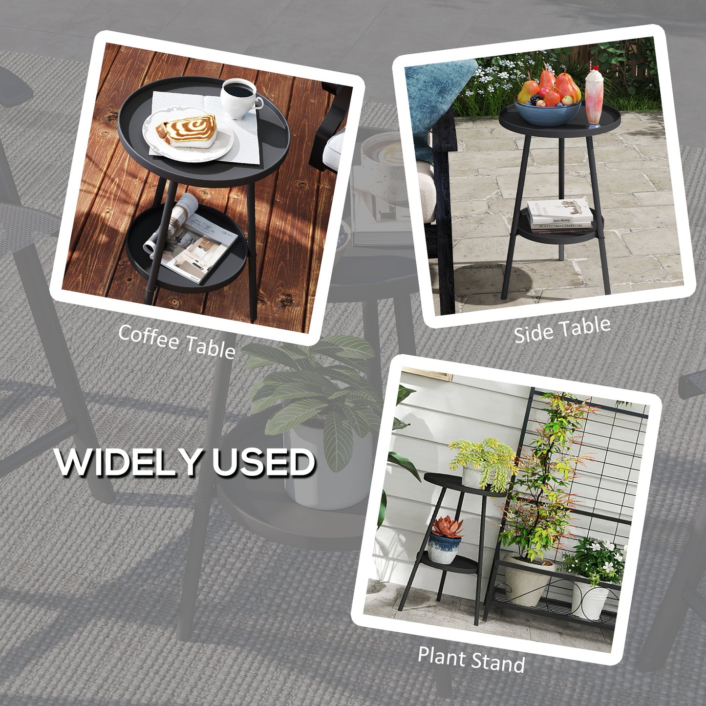 Round Garden Table, 2-Tier Metal Patio Table Coffee Table, Black