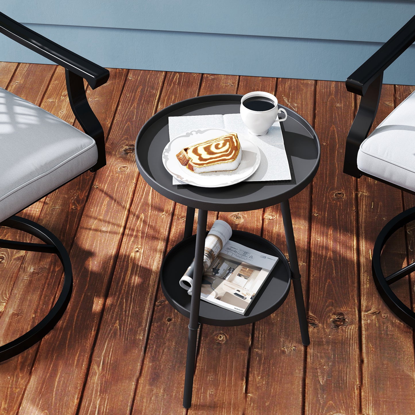 Round Garden Table, 2-Tier Metal Patio Table Coffee Table, Black