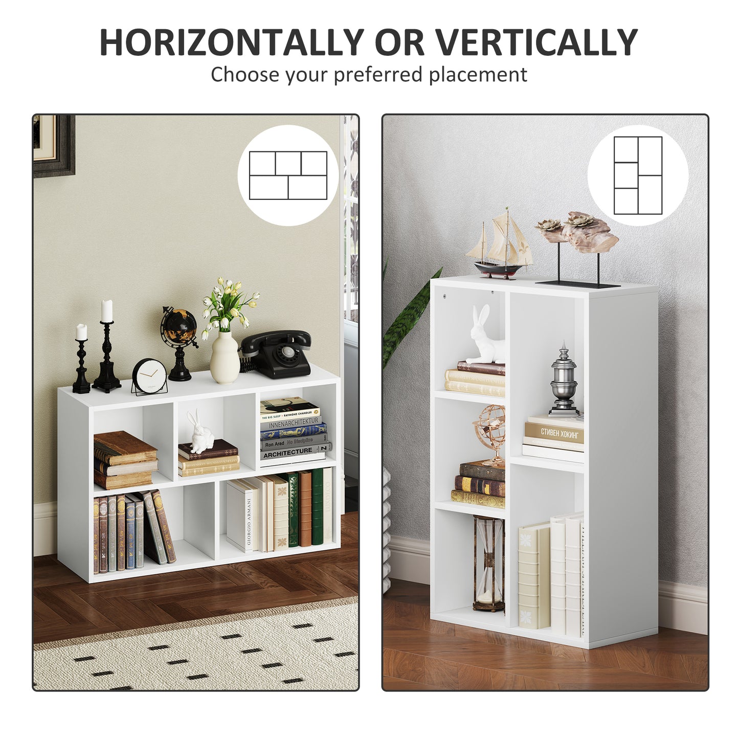 2-Tier Bookshelf with 5 Open Storage Compartments, White