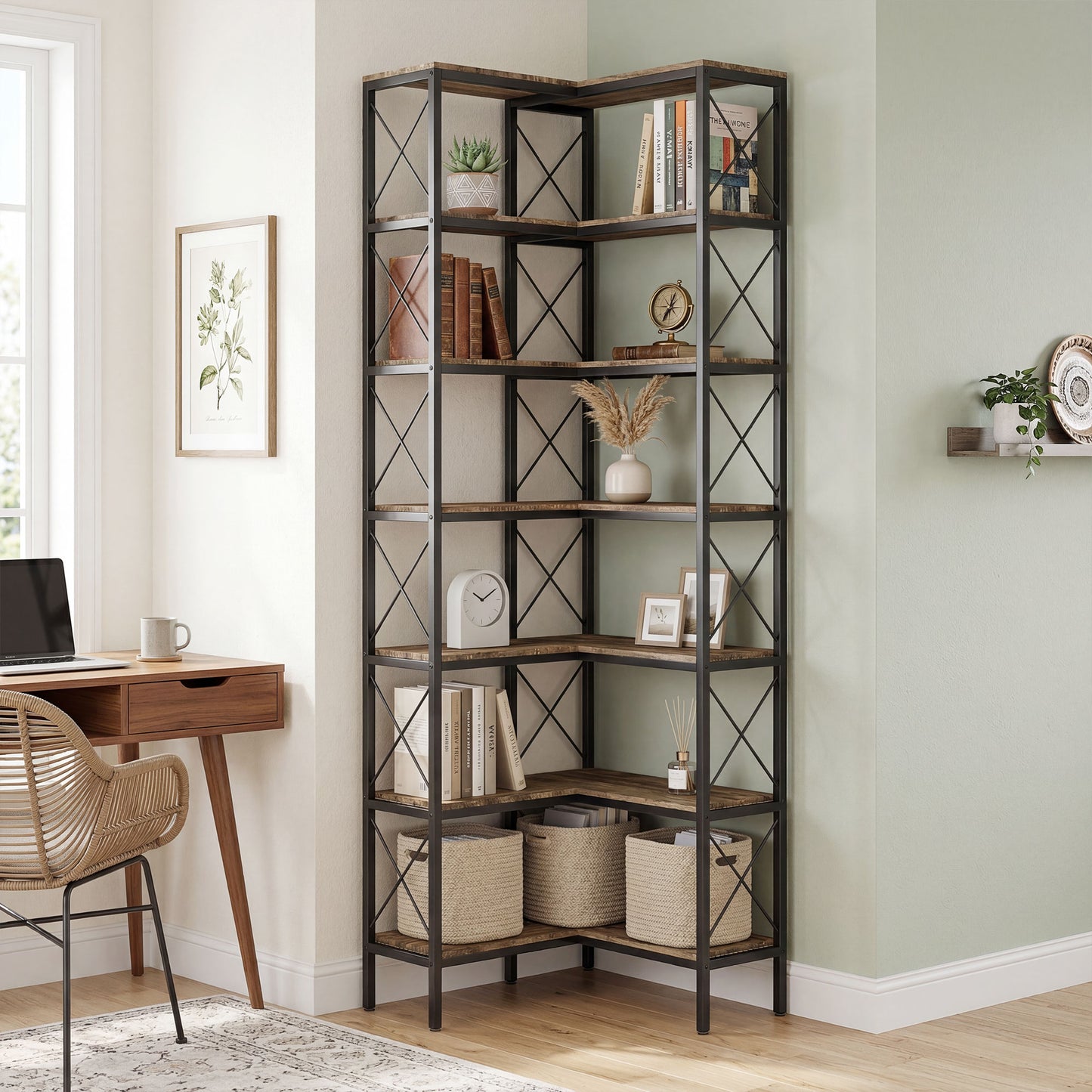 6-Tier Corner Bookshelf, L-Shaped Bookcase, Freestanding Display Shelf with Metal Frame for Living Room, Home Office, Bedroom, 60 x 60 x 200 cm, Rustic Brown