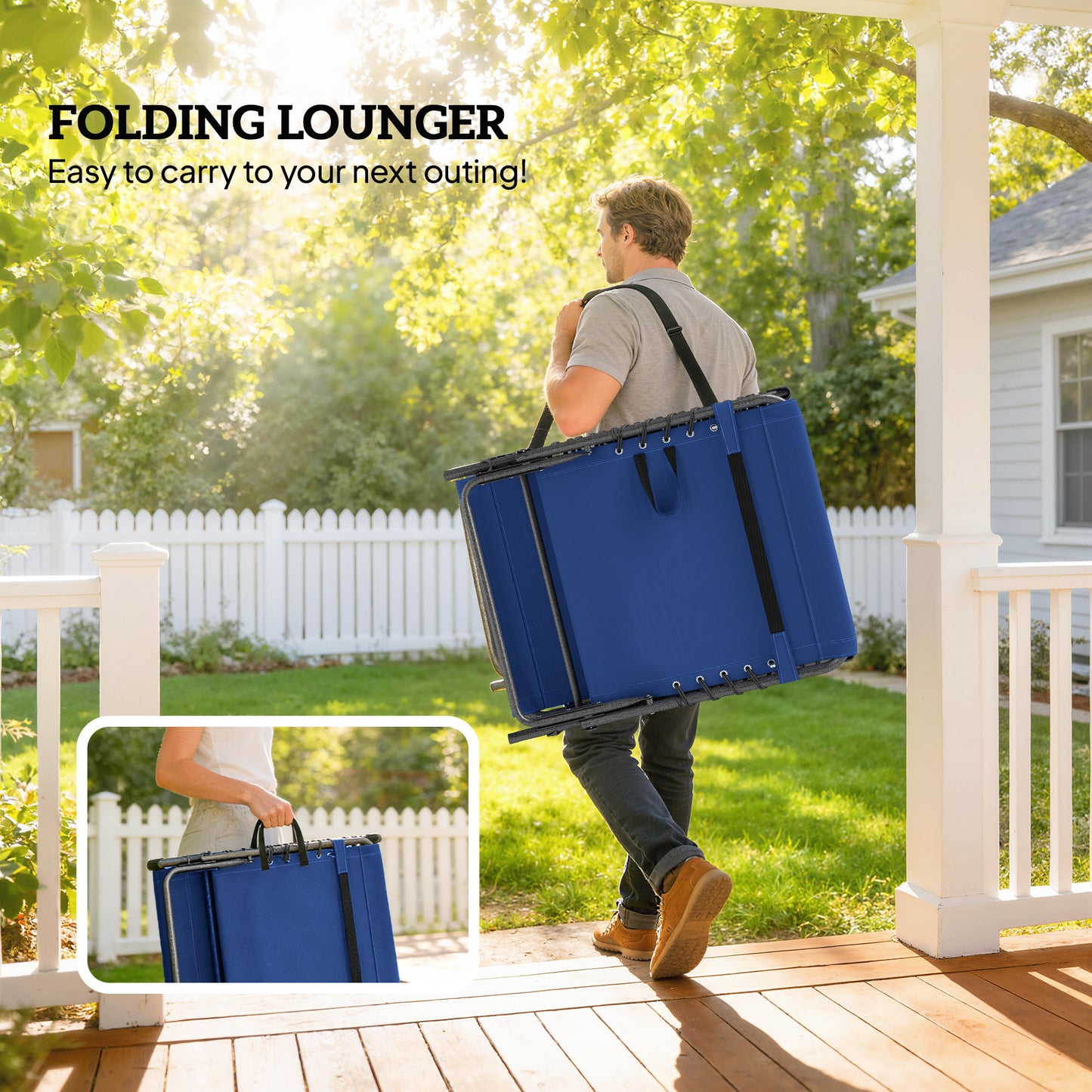 Folding Sun Loungers with 5-Level Back, Cup Holder, Dark Blue