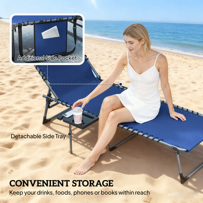 Folding Sun Loungers with 5-Level Back, Cup Holder, Dark Blue