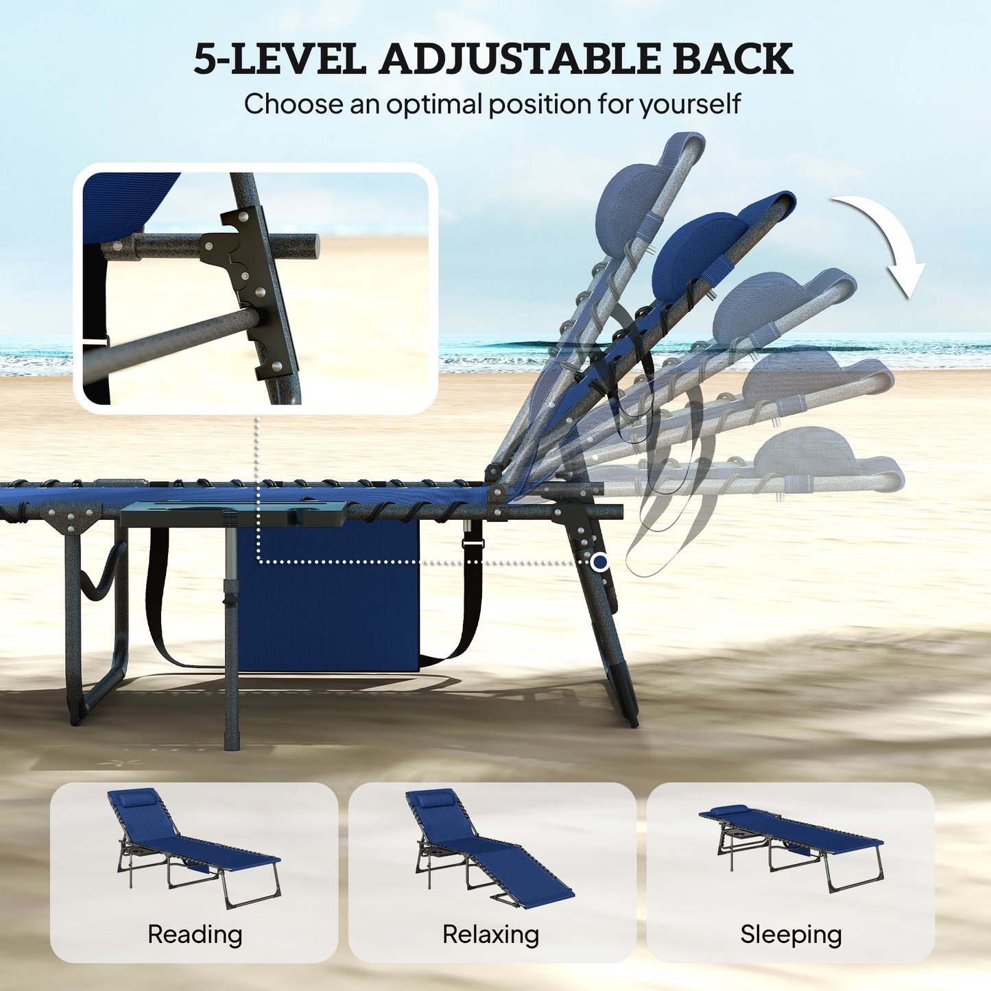 Folding Sun Loungers with 5-Level Back, Cup Holder, Dark Blue