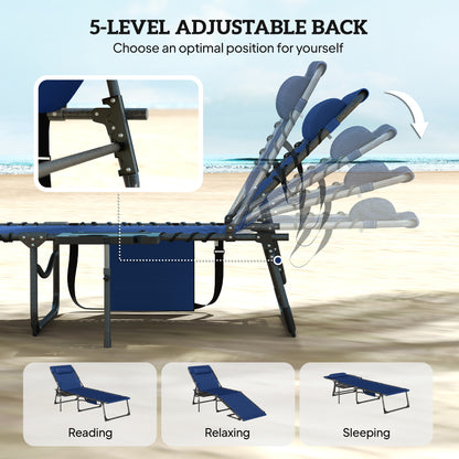 Folding Sun Loungers with 5-Level Back, Cup Holder, Dark Blue