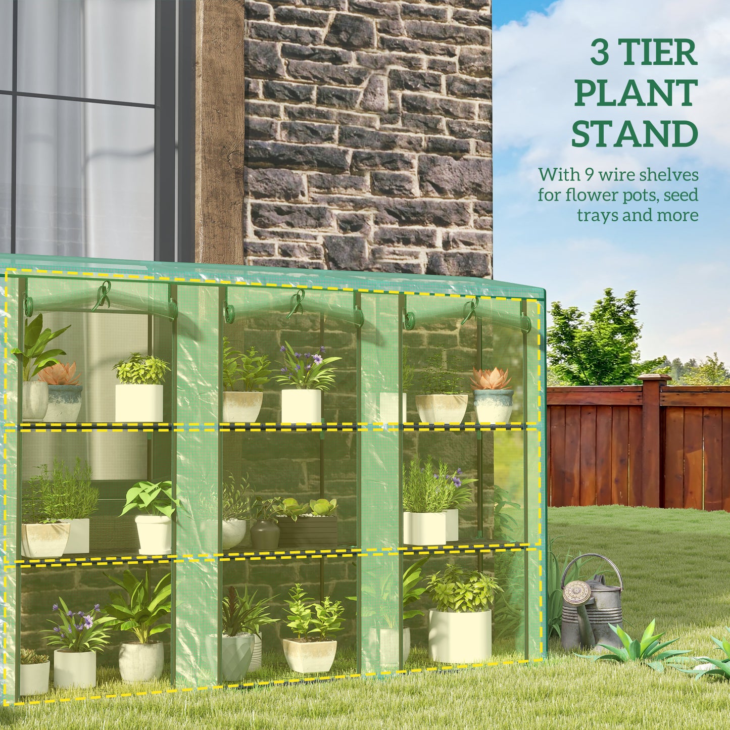 3 Tier Lean-to Mini Greenhouse with PE Cover, Green